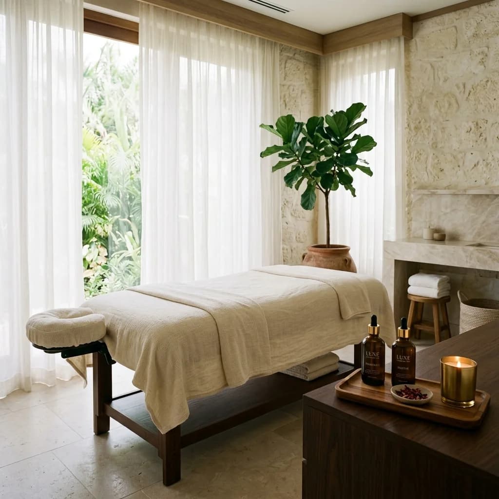 Interior de Santuario Aura Beauty Spa con cabina de tratamiento en tonos crema y verde