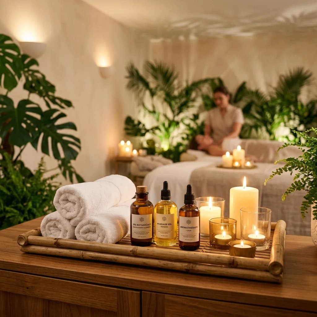 Mesa de tratamiento preparada con toallas blancas y aceites naturales en el spa