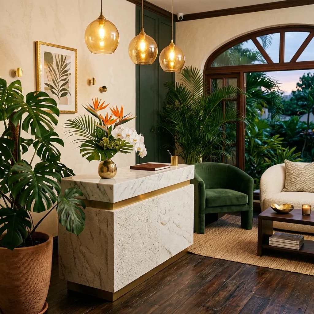 Recepción cálida y acogedora de Santuario Aura Beauty Spa con detalles en madera y plantas