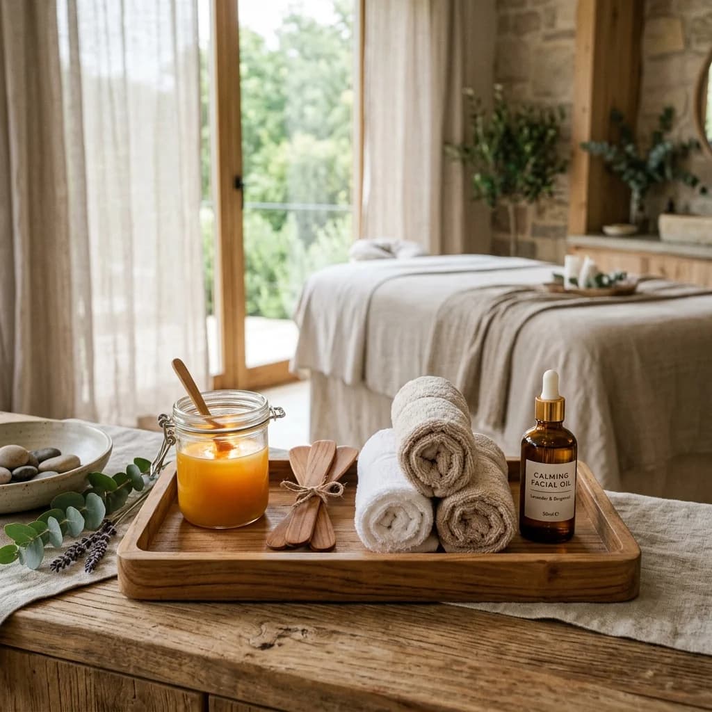 Ambiente de spa premium con cera tibia en cuenco de cerámica y espátulas de madera