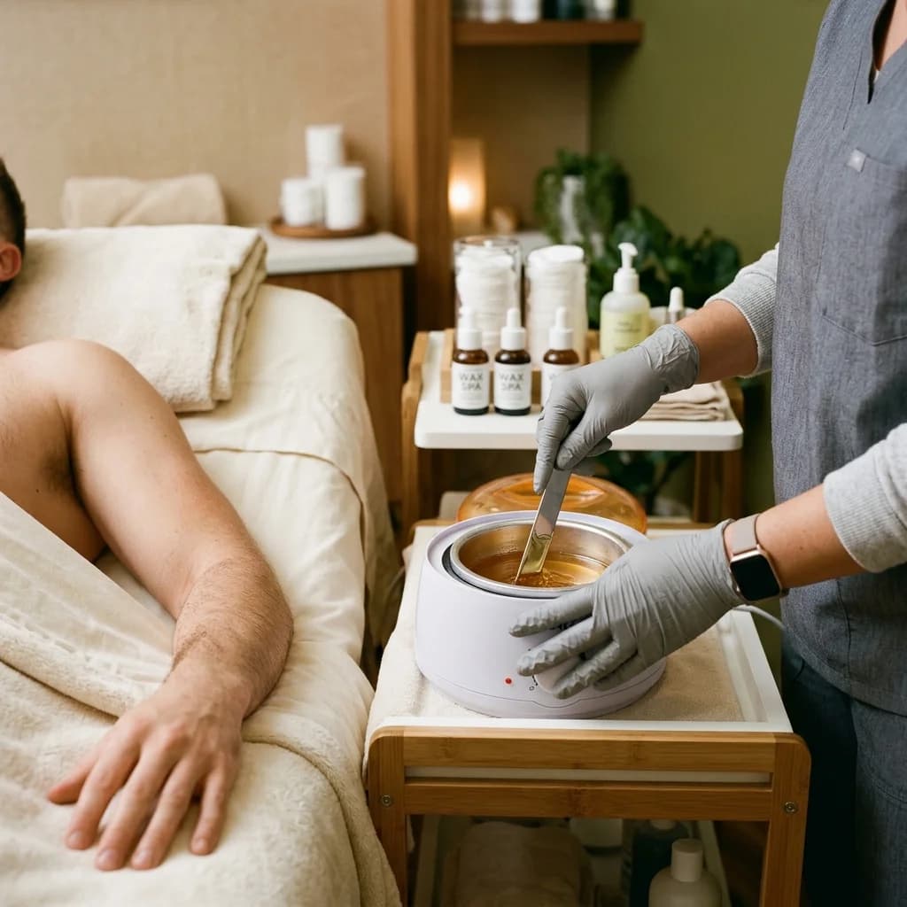 Preparación de tratamiento de depilación con cera para brazo en camilla crema